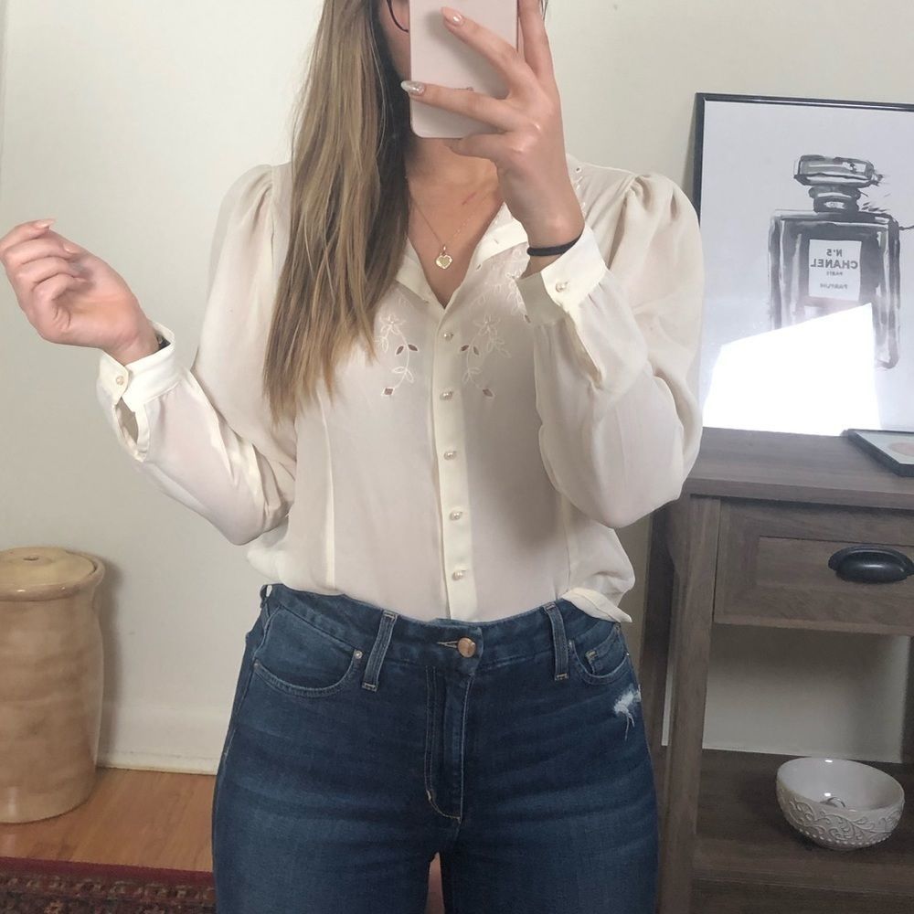 Vintage Floral Pearl Beaded Sheer Blouse